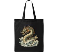 Ancient Dragon Emerging Through Ocean Waves Natural Cotton Tote Bag Black