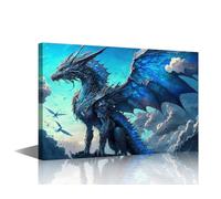 Ancient Dragon Framed Wall Art Blue Dragon Canvas Art Wall Decor Mythical Creatures Wall Art for Living Room Modern Home Decor Pictures Posters Stretched and Framed Ready to Hang (24"Wx36"H)