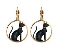 Ancient Egypt Black Cat Pattern Gold Clip On Drop Earrings Non Piercing Dangle Jewelry