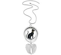 Ancient Egypt Black Cat Pattern Pendant Angel Wings Rotating Necklace Jewelry