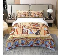 Ancient Egypt Cotton Duvet Cover Set Double Retro Egyptian Pattern Comforter Cover Set for Women Men Adults Egypt Culture Bedding Set Tribal Eagle Dog Design Bedspread Cover Bedroom Decor Quilt Cover