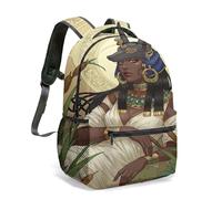Ancient Egyptian Anubis Goddess Print Backpack, 16 Inch Realistic Fantasy Art Temple Bag with Hieroglyphics & Palm Leaves (04)