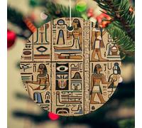 Ancient Egyptian Hieroglyph Christmas Ceramic Ornaments with Gold String - 2.8 Inch Round Double-Sided Porcelain Xmas Tree Decor for Fireplace Mantel, Farmhouse Winter Holiday Hanging Ornaments