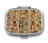 Ancient Egyptian Hieroglyph Pill Box 2-Compartment Portable Pill Case Square Metal Medication Organizer Small Weekly Medication Case with Mirror Stylish Vitamin Holder for Purse Pocket Travel
