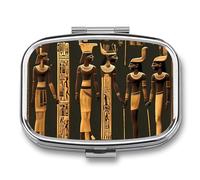 Ancient Egyptian Hieroglyph Pill Box 2 Compartment, Portable Pill Case with Mirror for Pocket Purse Travel, Mini Metal Medicine Organizer for Vitamins Fish Oil