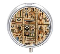 Ancient Egyptian Hieroglyph Pill Box - 3 Compartment Travel Pill Organizer with Small Mirror, Portable Pillcase for Pocket & Purse, Cute Round Medicine Case, Weekly Medicine Container