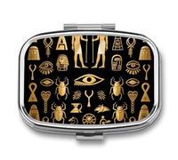 Ancient Egyptian Pill Box 2 Compartment Square Metal Pill Organizer Portable Mini Travel Medicine Case with Mirror Cute Medicine Container Holder for Pocket Purse