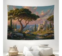 Ancient Gr rchitecture Tapestry Wall Hanging for Bedroom Living Room, Classical Landscape Illustration Wall Tapestry Backdrop Tapestries Green Wall Art for Party College Dorm Home Decor, 100x75cm