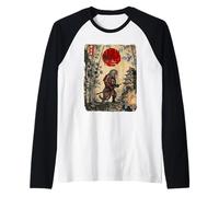 Ancient Japan Samurai Monkey Under Reddish Sun Raglan Baseball Tee