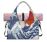Ancient Japan Wave Sports Duffle Bag with Shoe Compartment Japan Sun Weekend Overnight Bags Tote Cabin Luggage Bag for Gym Yoga Travel