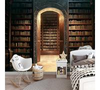 Ancient Library Wall Mural 300 x 210 cm - 3D Bookshelf Wallpaper with Vintage Bookcase & Arched Hall Design, Dark Academia Photo Wallpaper for Living Room, Study, Bedroom or Restaurant Feature Wall
