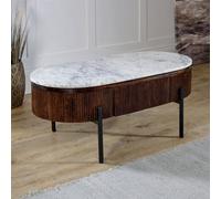Ancient Mango Wood Rectangular Fluted Coffee Table With Marble Top & Metal Legs