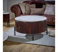 Ancient Mango Wood Round Fluted Coffee Table With Marble Top & Metal Legs