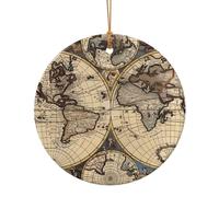 Ancient Map World Globe Print Ceramic Tree Ornaments - Festive Home Decor Hanging Art with Gold String