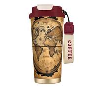 Ancient Map World Globe Print Travel Coffee Mug, Dual Use Lid & Straw, Portable Wrist Lanyard for Hiking Camping