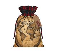 Ancient Map World Globe Printing Color Matching Plaid Christmas Bag With Drawstring For Christmas Birthdays Party,4.7x6.9 Inch