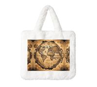 Ancient Map World Globe Printing Fluffy Shoulder Bag Ladies Plush Underarm Bag Tote Bag Furry Purse Handbag For Work Travel, White, One Size