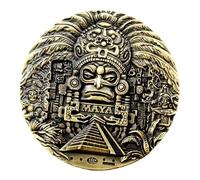 Ancient Maya Civilization Commemorative Coin, High-Relief Metal Coin with Pyramid and Tribal Mask Design, Antique Gold-Tone Decorative Collectible Coin, 4cm Alloy Medallion