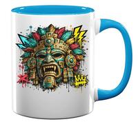Ancient Mesoamerican Warrior Mask Ceramic Tea Coffee Mug Light Blue
