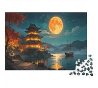 Ancient Pagoda Night Scene 1000 Piece Jigsaw Puzzle Paper for Adults Full Moon Lake View Puzzle Game Family Relaxation Decoration Gift 38x26cm/1000pcs
