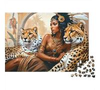 Ancient Queen with Leopards 1000 Piece Jigsaw Puzzles for Adults Kids, Colourful Woman with Two Cheetahs, Home Decor, Educational Game, Men Women, Adult Puzzle, 38x26cm