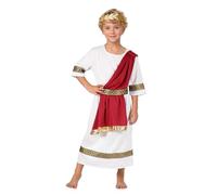 Ancient Roman Greek God Costume Fancy Dress Up Outfits Set with Laurel Headband, Roman Emperor Childs Costume White Tunic With Red Sash, a Belt and Gold Leaf Headpiec