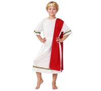Ancient Roman Greek God Costume Fancy Dress Up Outfits Set with Laurel Headband, Roman Emperor Childs Costume White Tunic With Red Sash, a Belt and Gold Leaf Headpiec