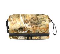 Ancient Sailing Adventure Pirates and Boat Double Layer Cosmetic Bag for Women and Girls, Travel Toiletry Bag Makeup Handy Pouch Organiser Bag with Brush Compartment