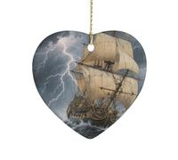Ancient Sailing Ship in Storm Ceramic Christmas Ornaments Double Sided Porcelain Hanging Heart Pendant for Xmas Tree, Holiday Home Decor and Gift Party Decorations
