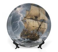 Ancient Sailing Ship in Storm Ceramic Decorative Plate Boho Bone China Decorative Plate with Display Stand Wall Hanging Ornament Plates for Kitchen Dining Room Wine Cabinet Home Décor 10inch