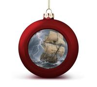 Ancient Sailing Ship in Storm Christmas Ball Ornament - 2.4 Inch Shatterproof Plastic Xmas Tree Decorations, Red Christmas Tree Decor Hanging Ball for Holiday Wedding Party Decor