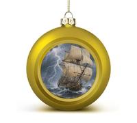 Ancient Sailing Ship in Storm Christmas Ball Ornament - 2.4 Inch Shatterproof Plastic Xmas Tree Decorations, Golden Christmas Tree Decor Hanging Ball for Holiday Wedding Party Decor