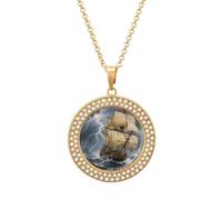 Ancient Sailing Ship in Storm Diamond Necklace for Women Girlfriend 20" Chain Hypoallergenic Jewelry Memorial Couple Necklace Custom Photo Pendant Necklaces Birthday Anniversary Romantic Gift for Her