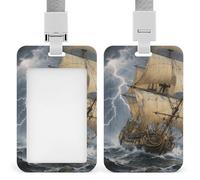 Ancient Sailing Ship in Storm Retractable ID Badge Holder with Lanyard - Vertical Badge Reel,Keychain Clip,Name Tag Id Card Holder Protector for Nurse Officer Teacher Security Staff Women Men