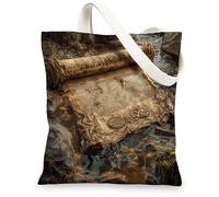Ancient Scroll Canvas Tote Bag, Vintage Reusable Shopping Bags, Lightweight Earthy Brown Shoulder Straps 13x15 Inch