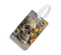 Ancient Skull and Flowers Luggage Tags with ID Card, Durable Travel Bag Tags, Waterproof Name Tag for Suitcases, Backpacks & Travel Cases White-Style