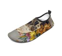 Ancient Skull and Flowers Water Shoes for Men Women, Lightweight Stretch Swim Shoes with Anti-Slip Rubber Sole, Quick-Dry Aqua Socks for Pool, Beach, Surfing, Style, 10 Women/10 Men