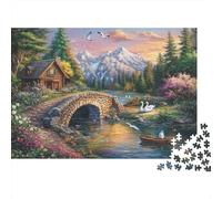 Ancient Stone Bridge, Charming Cottage Jigsaw Puzzles. 38x26cm/1000pcs Elegant Swans Boats Whimsical Challenge Toy for Educational Games Gifts