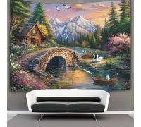 Ancient Stone Bridge, Charming Cottage Tapestry,Elegant Swans Boats Wall Hanging,Wall Art for Bedroom Aesthetic Home Decoration for Living Roombedroom 180cmx230cm
