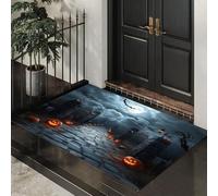 Ancient Stone Gate Pumpkin Indoor Washable Dirt Trapper Non Slip Entrance Rug, 90x150 cm Absorbent Thin Low Profile Doormat, Black Inside Floor Mat, Haunted Cemetery Carpet for Front Back Door