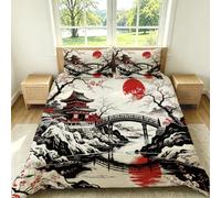 Ancient Temple Arched Bridge Ukiyo-E Single Duvet Cover Set 135 x 200 cm 3 PCS Single Bedding Set Soft Breathable and Lightweight Microfiber Duvet Cover Off White Quilt Cover with 2 Pillowcases G-1715