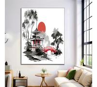 Ancient Temple Canvas Wall Art Print Posters, Japanese Style Architecture Black Modern Pictures for Living Room Bedroom Office Decor, Contemporary Artwork Home Decoration 50×70 cm Frameless