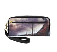 Ancient Times Boat Printed Leather Makeup Bags with Wrist Strap Portable Travel Toiletry Bag Cosmetic Organizer Bag for Women