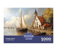 Ancient Town on The Lake Shore,sailboats on The Water Jigsaw Puzzles. 52x38cm/1000pcs Whimsical Challenge Toy for Educational Games Gifts