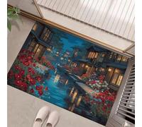 Ancient Town River Flowers Door Mat Indoor & Outdoor - Machine Washable Soft Dirt Trapper Non-slip Doormats - Japanese Anime Style Printed Mat - for Indoor Outdoor Home Decor - Dark Blue - 40 x 60 cm