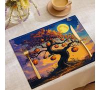 Ancient Tree Pumpkin Full Moon Placemats Set of 6 45x30cm | Fairytale Halloween Table Mats Non-slip Heat Resistant Washable Placemat for Party Kitchen Dining Table Decoration Indoor Outdoor