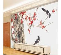 Ancient Tree Red Plum Blossom Bird Warm and Beautiful 3D Wallpaper Silky Texture Home Study Office Grey Dining Room Sofa Bedroom Living Room TV Backdrop-150cm×105cm