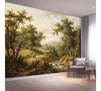 Ancient Trees Rocks Classical Decoration Photo Mural 400 x 280 cm | Countryside Woods Meadow Stream Non-woven Wallpaper for wall surfaces in various rooms Yellow Green Wall Mural