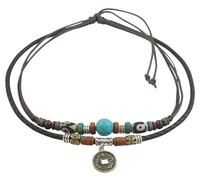 Ancient Tribe Boho Double Layer Choker Necklace with Chinese Coin Pendant - Black Braided Leather & Brown Hemp Cord, Turquoise, Ceramic, Wood & Metal Beads - Adjustable 38 cm