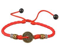 Ancient Tribe Chinese Coin Braided Bracelet, Faux Leather Cord, 9.5 Inches (24 cm) When Tightened - Black or Red - Boho Handmade Anklet or Wristband for Men & Women